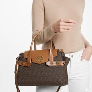 Michael Kors Carmen Medium Logo And Faux Leather Belted Satchel Brown
